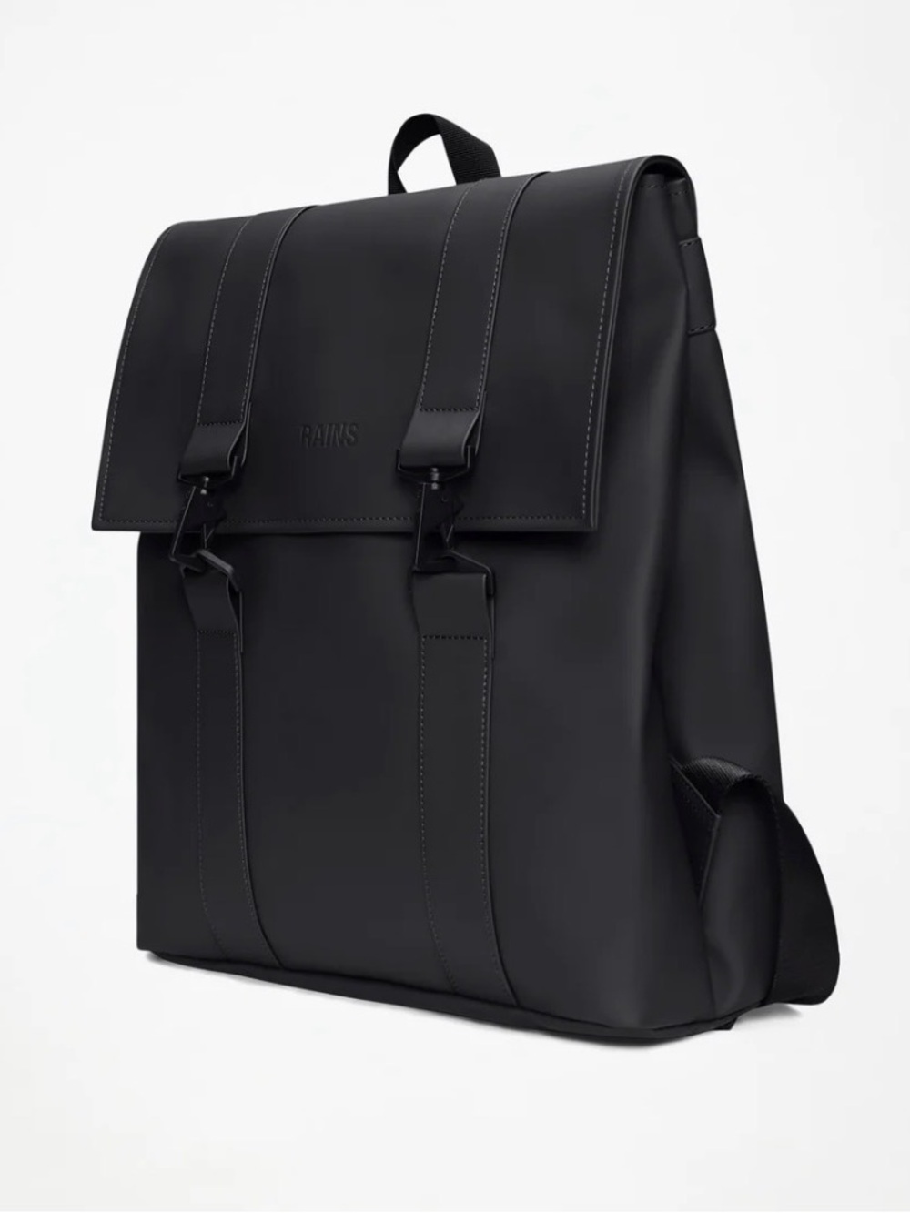 Rains Black Minimalist MSN Bag Waterproof Backpack with Flap and Buckles